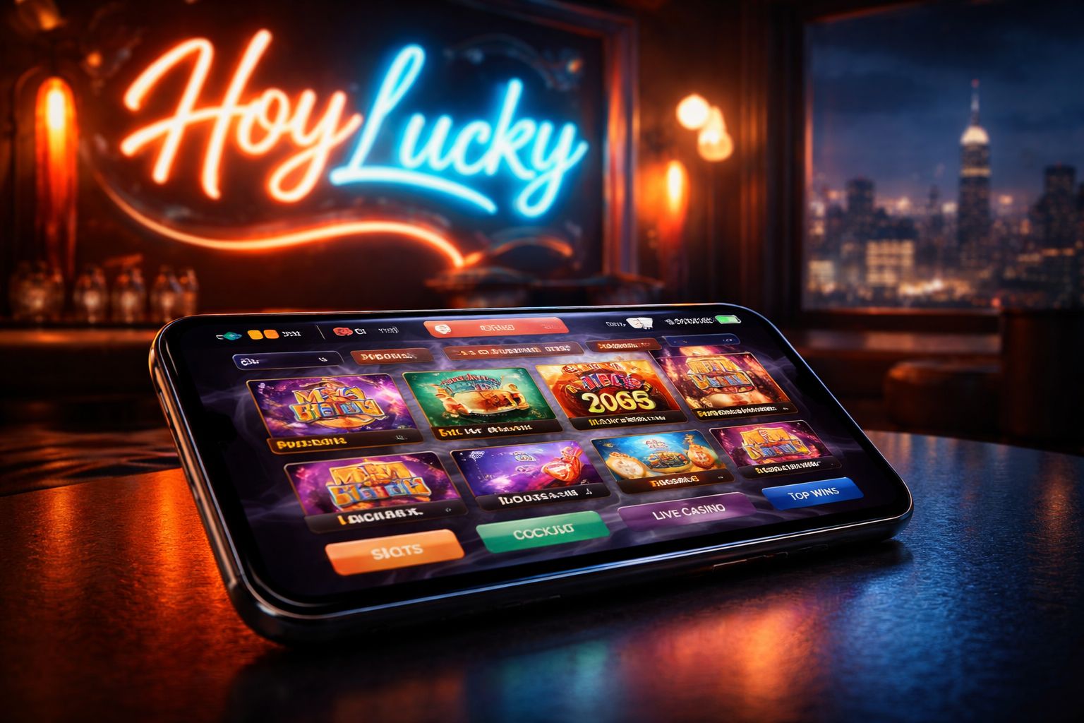 Interfaz de la aplicación móvil HoyLucky mostrando juegos de casino en Android y iOS