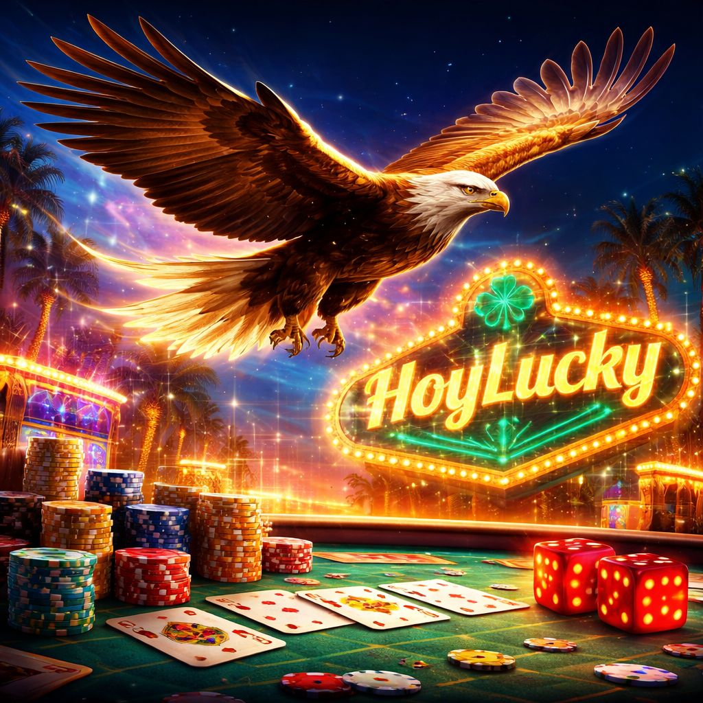 Una majestuosa mascota águila dorada de HoyLucky sobrevolando una vibrante mesa de casino llena de cartas, fichas y dados brillantes.