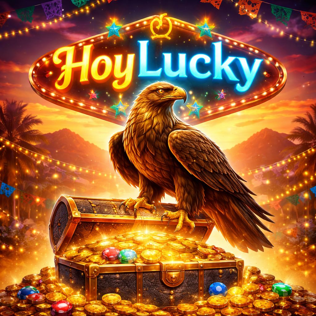 Una majestuosa mascota águila dorada para el casino HoyLucky posada sobre un cofre del tesoro rebosante de monedas de oro y fichas de casino coloridas.