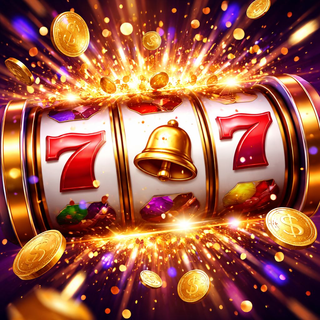 Coloridos carretes de tragamonedas girando con símbolos dorados y confeti celebrando una ganancia de jackpot en el casino HoyLucky.