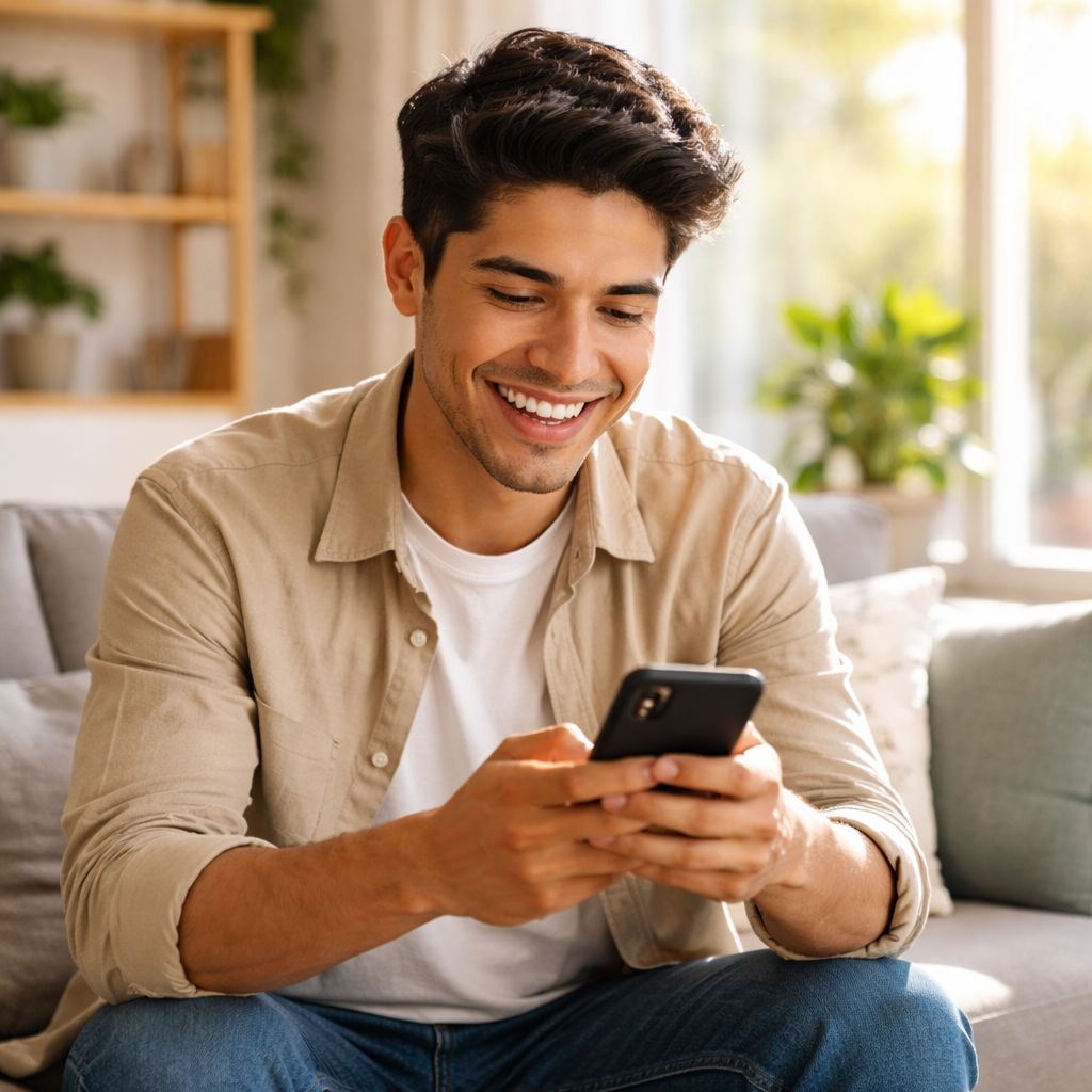 Un joven mexicano sonriendo mientras completa su registro en HoyLucky en un smartphone moderno en una sala luminosa.